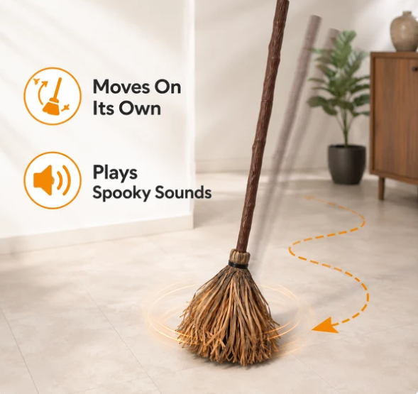 Feature callout: the broom moves on its own and plays spooky sounds