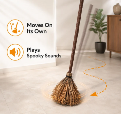 Feature callout: the broom moves on its own and plays spooky sounds