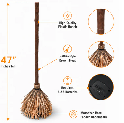 Labelled diagram: 47 inches tall, plastic wood-grain handle, raffia-style broom head, motorised base hidden underneath, requires 4 AA batteries